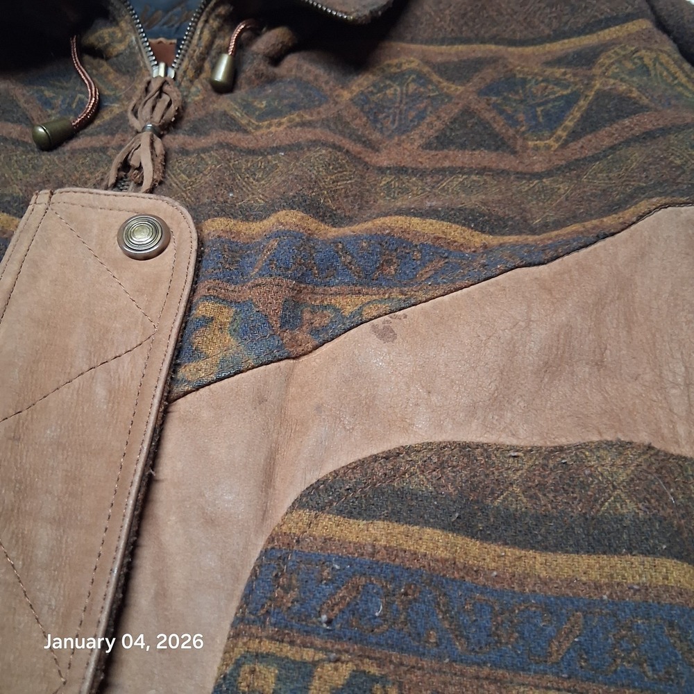 Vintage Winlit Leather & Wool Aztec Southwest Jacket Split Hood Parka Sz Small - Picture 4 of 16